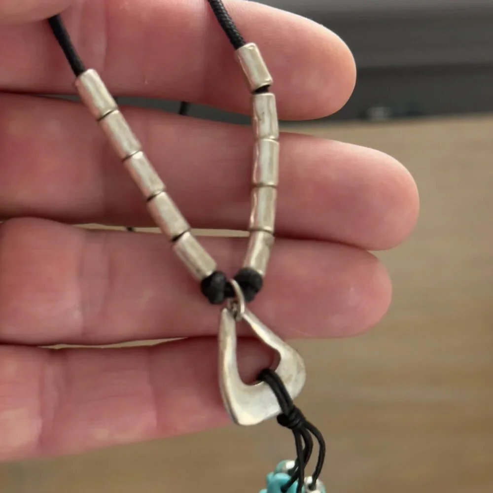 Handmade Black Cord Necklace Silver Tone Turquoise Color Beads Hook Clasp NOTE